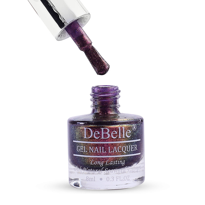 DeBelle Gel Nail Lacquer Magical Marina(Dark Purple with Light Pink Glitter), 8ml