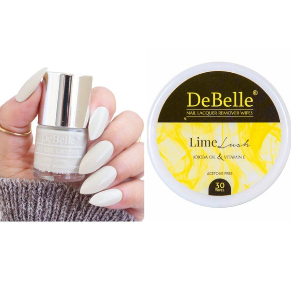 DeBelle Gel Nail Lacquer Natural Blush & Lime Lush Nail Lacquer Remover Wipes Combo