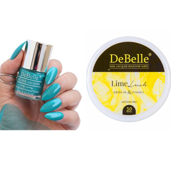 DeBelle Gel Nail Lacquer Royale Cocktail & Lime Lush Nail Lacquer Remover Wipes Combo