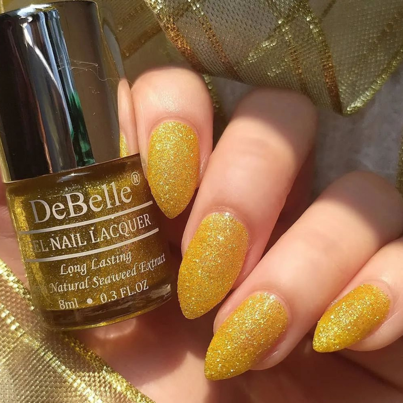 DeBelle Gel Nail Lacquer Pegasus - (Lime Yellow with Gold Glitter Nail Polish), 8ml - DeBelle Cosmetix Online Store