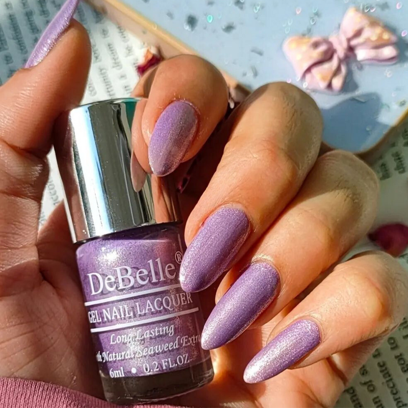 DeBelle Gel Nail Lacquer Hello Hannaah (Light Purple with Gold Micro Shimmer Nail Polish), 6 ml