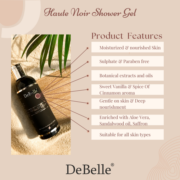 DeBelle Gel Douche Shower Gel |Haute Noir | Rose Water, Saffron, Sandalwood Oil | 100 ml - DeBelle Cosmetix Online Store